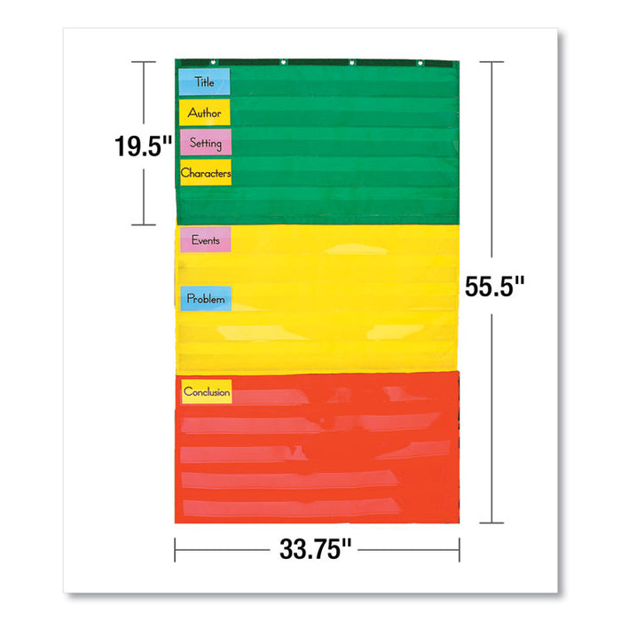 Adjustable Tri-Section Pocket Chart, 15 Pockets, Guide, 33.75 x 55.5, Red/Green/Yellow