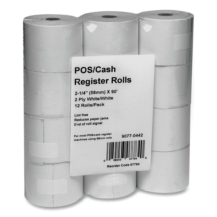Impact Printing Carbonless Paper Rolls, 2.25" x 90 ft, White/White, 12/Pack