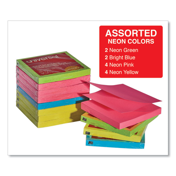 Fan-Folded Self-Stick Pop-Up Note Pads, 3" x 3", Assorted Neon Colors, 100 Sheets/Pad, 12 Pads/Pack