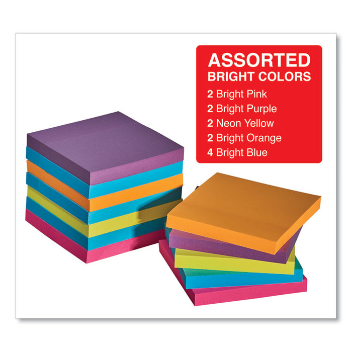Self-Stick Note Pads, 3" x 3", Assorted Bright Colors, 100 Sheets/Pad, 12 Pads/Pack