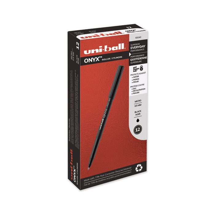 ONYX Roller Ball Pen, Stick, Micro 0.5 mm, Black Ink, Black Matte Barrel, Dozen
