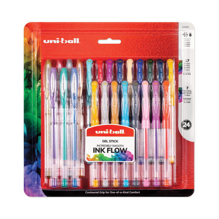 Stick Gel Pen, 17 Micro; 7 Med, Assorted Ink, Clear Barrel, 24/Set
