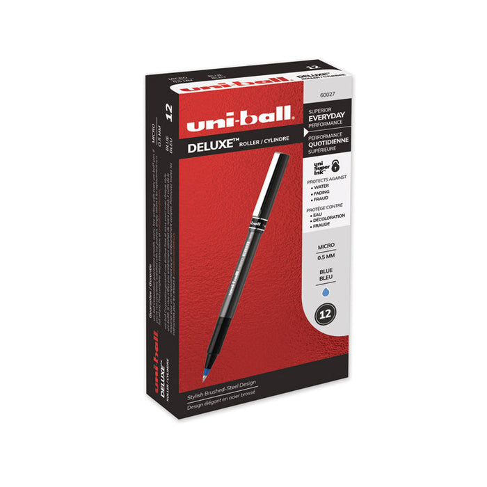 Deluxe Stick Roller Ball Pen, Micro 0.5mm, Blue Ink, Metallic Gray Barrel, Dozen