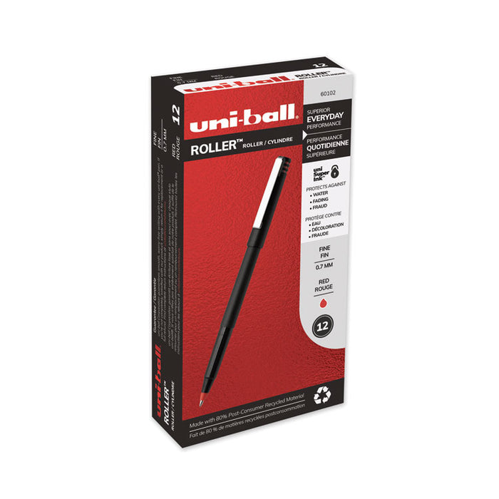 Roller Ball Pen, Stick, Fine 0.7 mm, Red Ink, Black Matte Barrel, Dozen