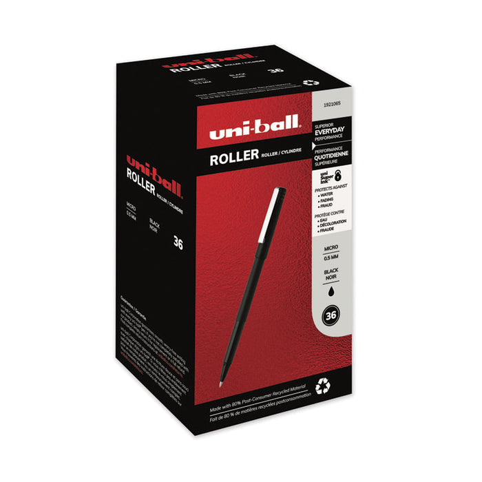 Roller Ball Pen, Stick, Micro 0.5 mm, Black Ink, Black Matte Barrel, 36/Pack