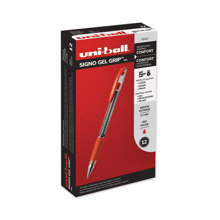 Signo GRIP Stick Gel Pen, Medium 0.7mm, Red Ink, Silver/Red Barrel, Dozen