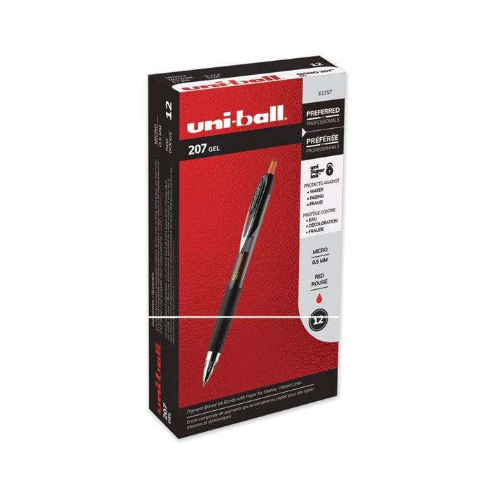 Signo 207 Gel Pen, Retractable, Micro 0.5 mm, Red Ink, Smoke/Black/Red Barrel, Dozen