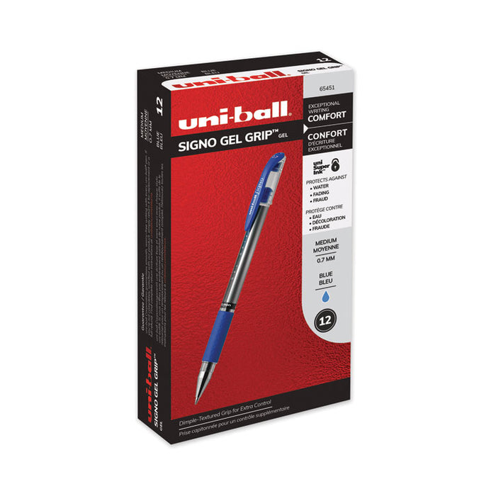 Signo GRIP Stick Gel Pen, Medium 0.7mm, Blue Ink, Silver/Blue Barrel, Dozen