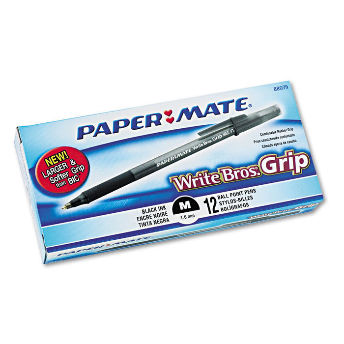 Write Bros. Grip Stick Ballpoint Pen, 1mm, Black Ink, Smoke/Black Barrel, Dozen