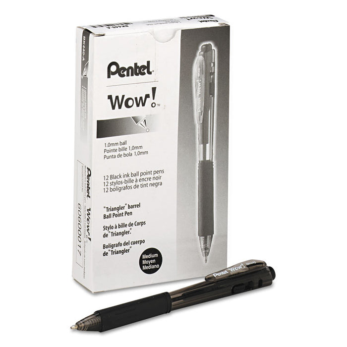 WOW! Ballpoint Pen, Retractable, Medium 1 mm, Black Ink, Black Barrel, Dozen