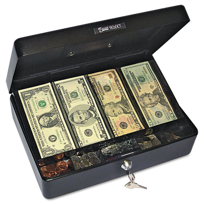 Select Spacious Size Cash Box, 9-Compartment Tray, 2 Keys, Black w/Silver Handle