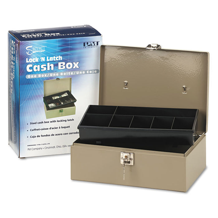 Lock'n Latch Steel Cash Box w/7 Compartments, Key Lock, Pebble Beige