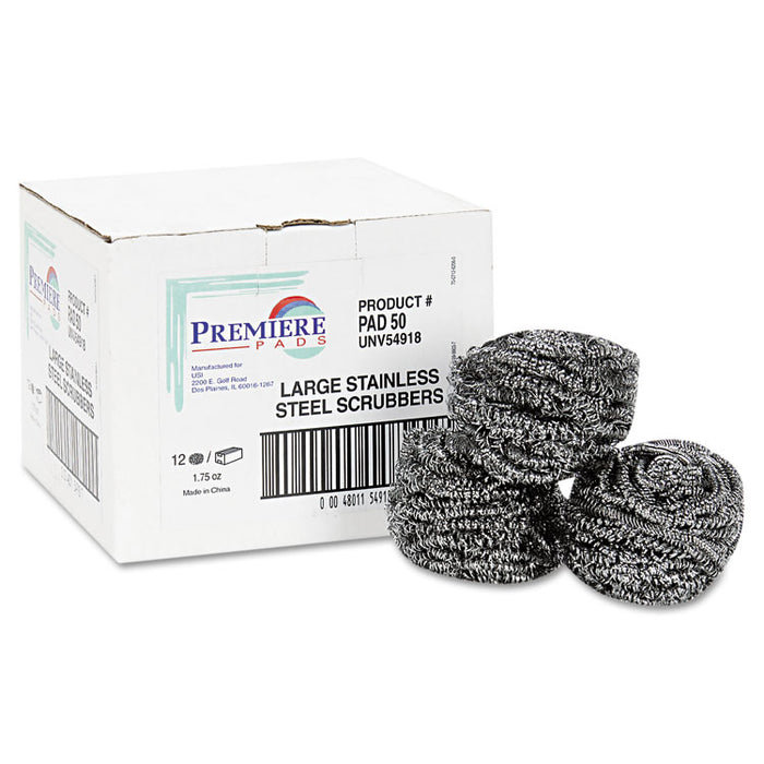 Stainless Steel Scrubber, Large Size, 2.5 x 2.75, Steel Gray, 12/Carton