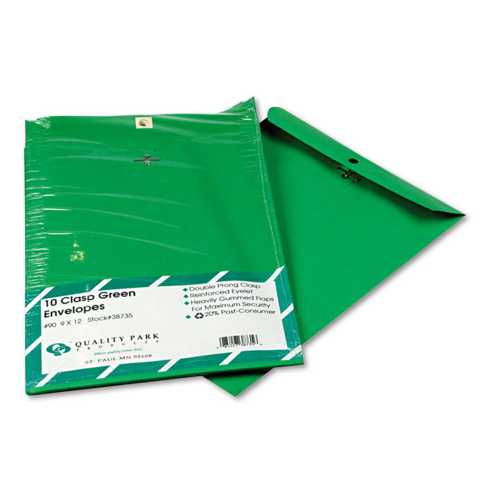 Clasp Envelope, #90, Cheese Blade Flap, Clasp/Gummed Closure, 9 x 12, Green, 10/Pack