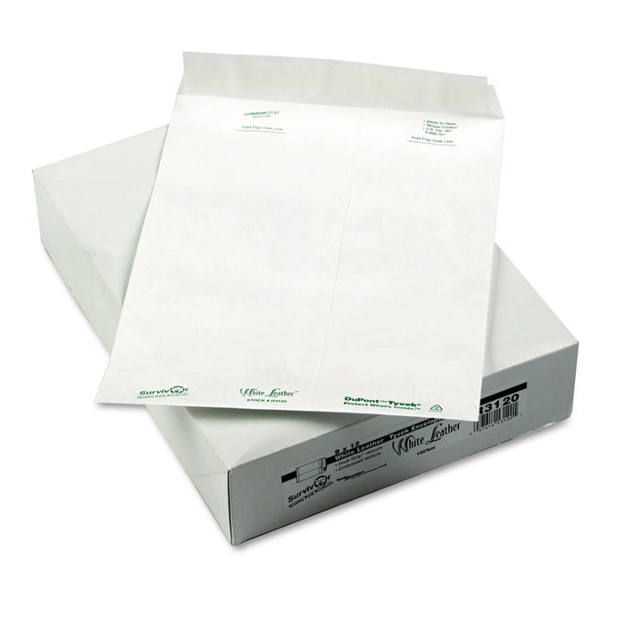 White Leather Envelopes of DuPont Tyvek, #10 1/2, Cheese Blade Flap, Self-Adhesive Closure, 9 x 12, White, 100/Box