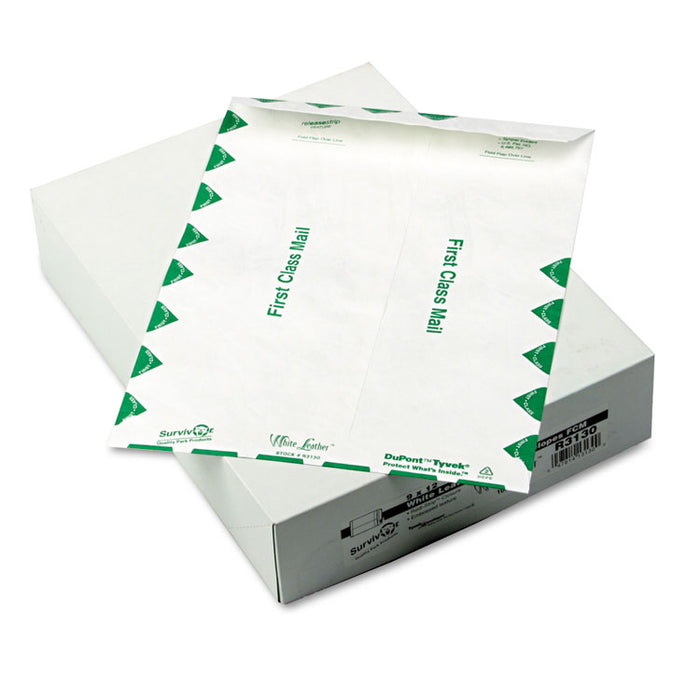 White Leather Envelopes of DuPont Tyvek, #10 1/2, Cheese Blade Flap, Self-Adhesive Closure, 9 x 12, White, 100/Box