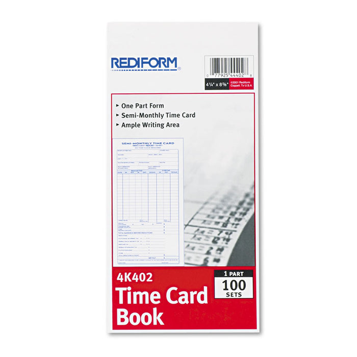 Employee Time Card, Semi-Monthly, 4-1/4 x 8, 100/Pad