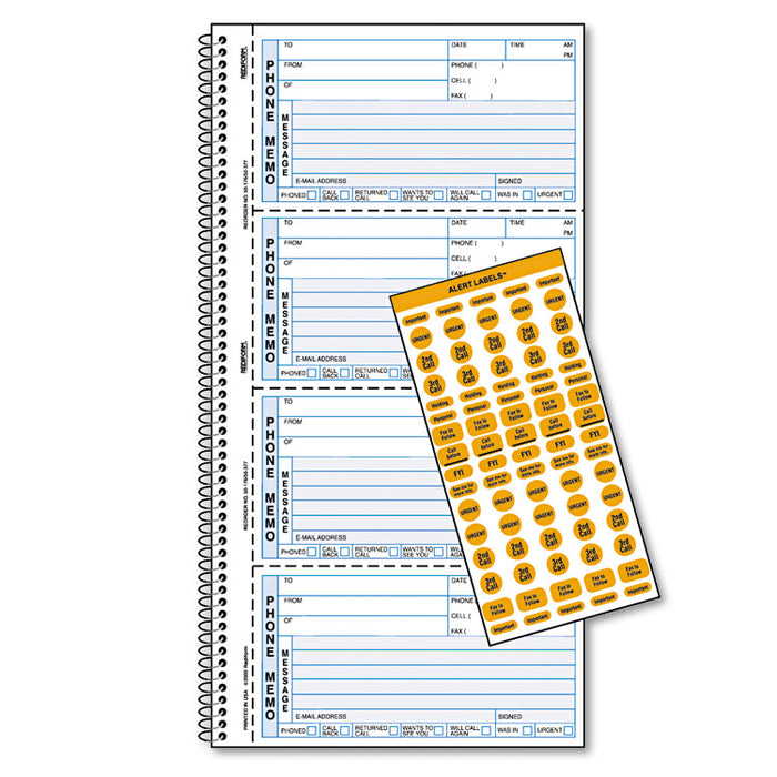 Wirebound Message Book, 5 x 2 3/4, Two-Part Carbonless, 400 Forms, 120 Labels