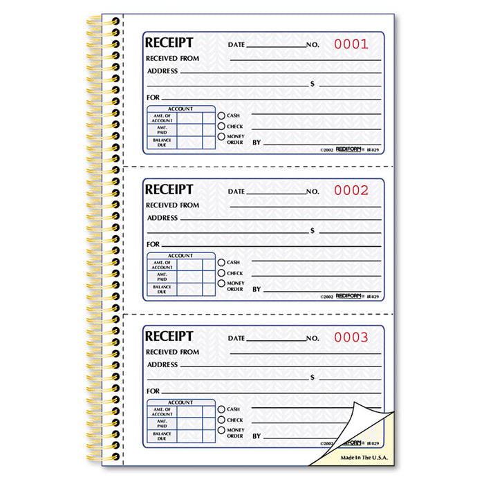 Money Receipt Book, Two-Part Carbonless, 5 x 2.75, 3/Page, 225 Forms
