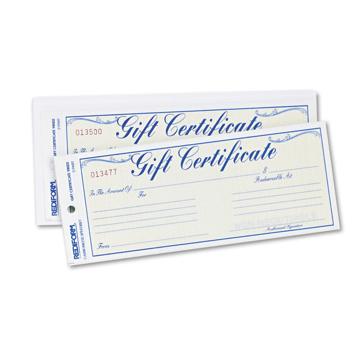 Gift Certificates with Envelopes, 8.5 x 3.67, Blue/Gold with Blue Border, 25/Pack