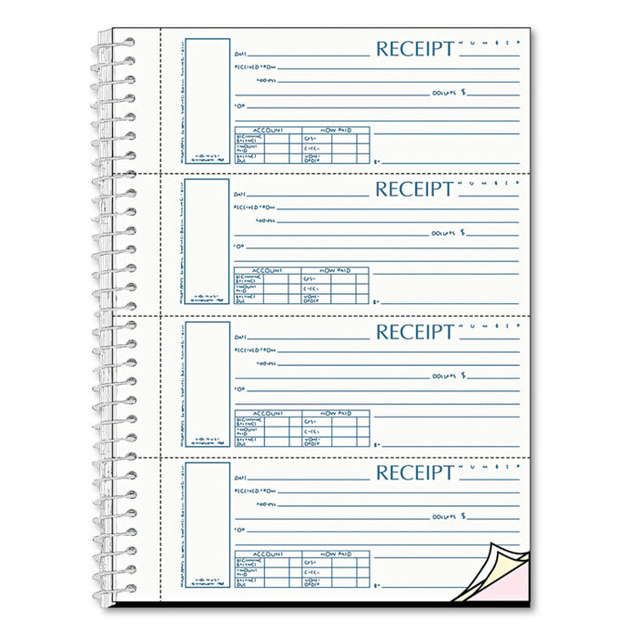 Spiralbound Unnumbered Money Receipt Book, Three-Part Carbonless, 7 x 2.75, 4/Page, 120 Forms
