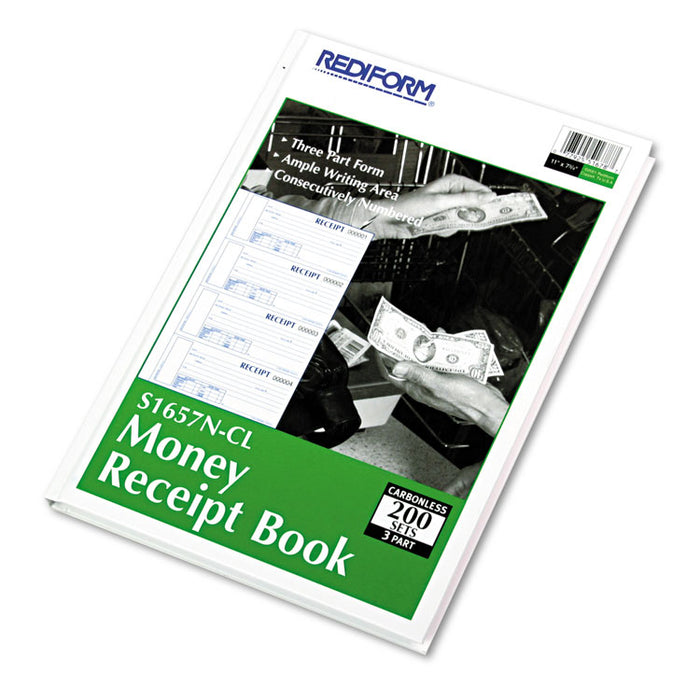 Hardcover Numbered Money Receipt Book, Three-Part Carbonless, 6.78 x 2.75, 4/Page, 200 Forms