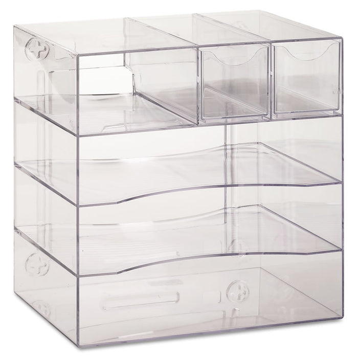 Optimizers Four-Way Organizer with Drawers, 6 Compartments, 2 Drawers, Plastic, 10 x 13.25 x 13.25, Clear