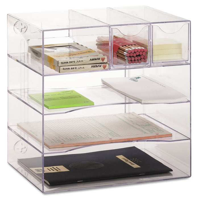 Optimizers Four-Way Organizer with Drawers, 6 Compartments, 2 Drawers, Plastic, 10 x 13.25 x 13.25, Clear