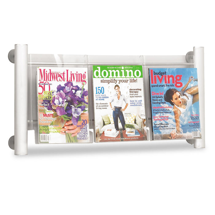 Luxe Magazine Rack, 3 Compartments, 31.75w x 5d x 15.25h, Clear/Silver