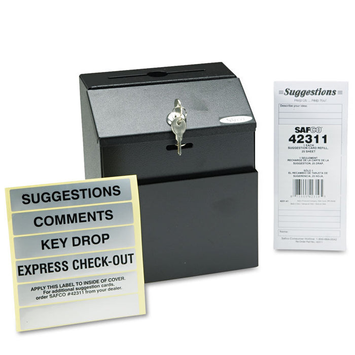 Steel Suggestion/Key Drop Box with Locking Top, 7 x 6 x 8.5, Black Powder Coat Finish