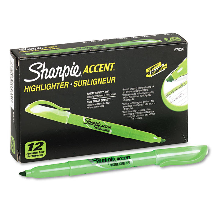 Pocket Style Highlighters, Fluorescent Green Ink, Chisel Tip, Green Barrel, Dozen