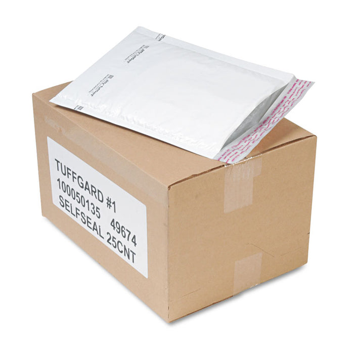 Jiffy TuffGard Self-Seal Cushioned Mailer, #1, Barrier Bubble Lining, Self-Adhesive Closure, 7.25 x 12, White, 25/Carton