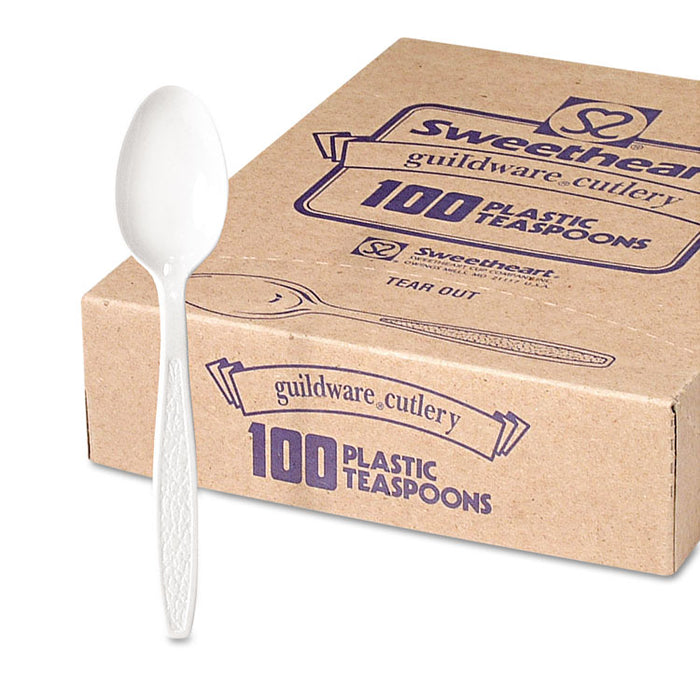 Guildware Heavyweight Plastic Teaspoons, White, 100/Box, 10 Boxes/Carton