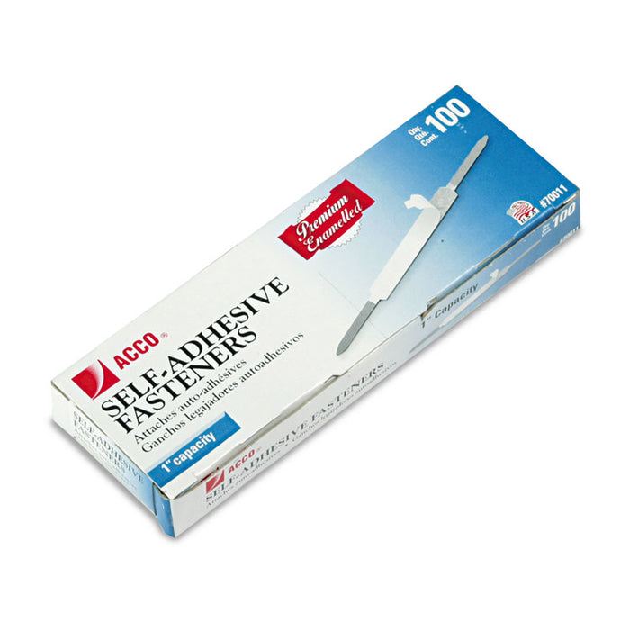 Premium Self-Adhesive Two-Prong Paper Fastener Bases, 1" Capacity, 2.75" Center to Center, Silver, 100/Box