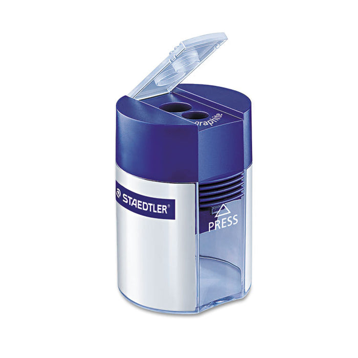 Cylinder Handheld Pencil Sharpener, Two-Hole, 2.25" x 1.63" x 1.63", Blue/Silver