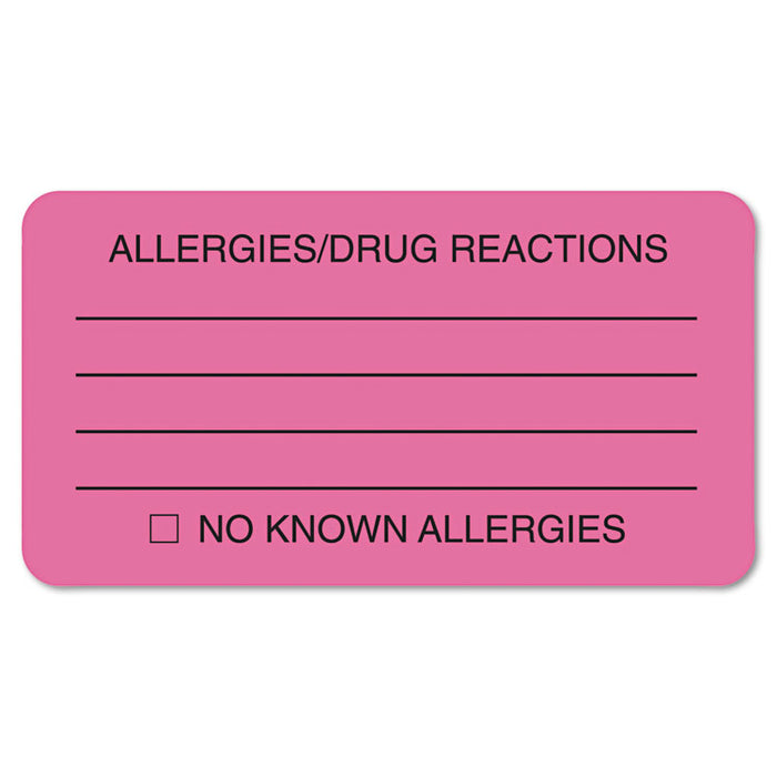 Allergy Warning Labels, ALLERGIES/DRUG REACTIONS NO KNOWN ALLERGIES, 1.75 x 3.25, Pink, 250/Roll