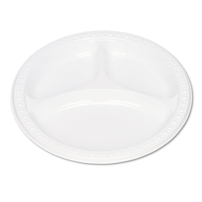 Plastic Dinnerware, Compartment Plates, 9" dia, White, 125/Pack
