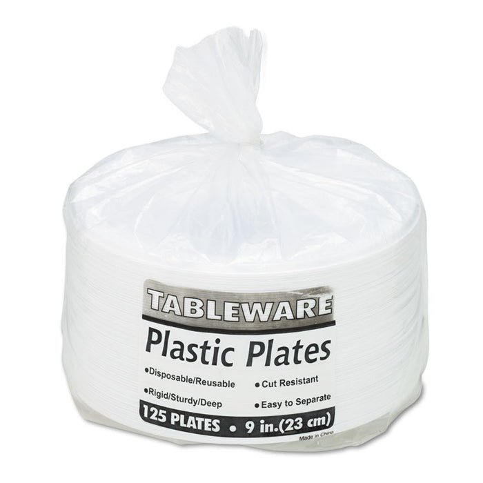 Plastic Dinnerware, Plates, 9" dia, White, 125/Pack