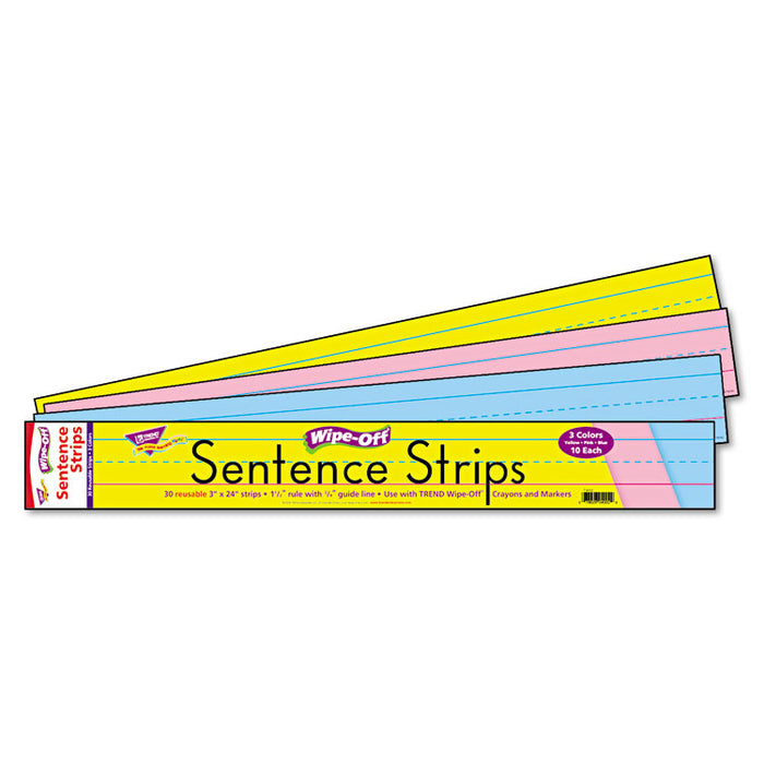 Wipe-Off Sentence Strips, 24 x 3, Blue; Pink; Yellow, 30/Pack
