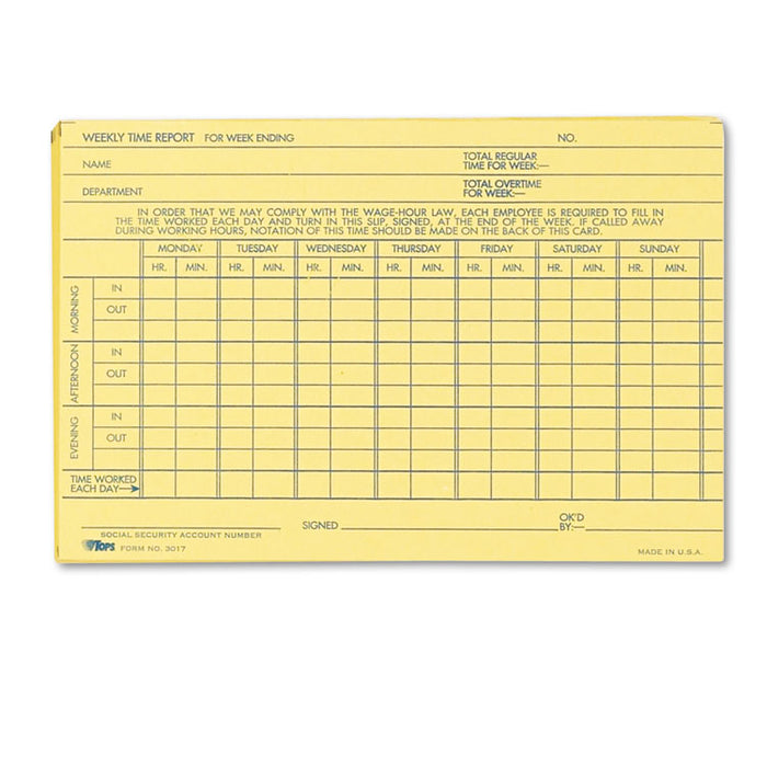 Employee Time Report Card, Weekly, 6 x 4, 100/Pack