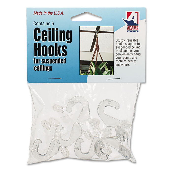 Clear Plastic Ceiling Hooks, 5/16 x 3/4 x 1 3/8, 6/Pack