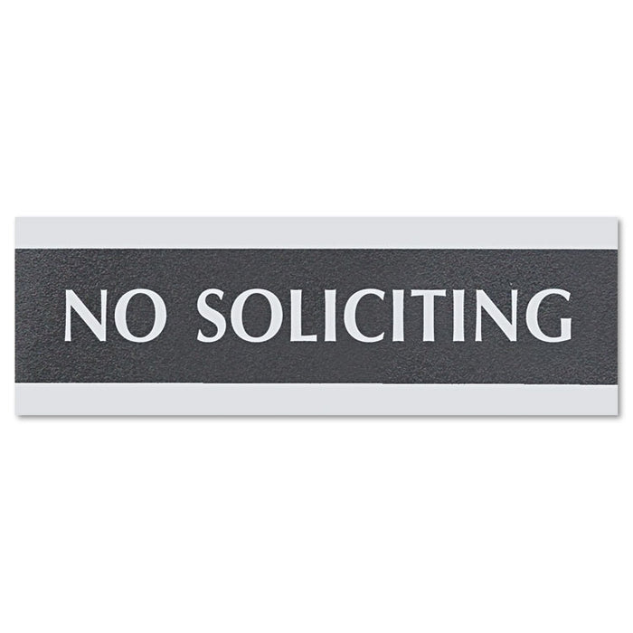 Century Series Office Sign, NO SOLICITING, 9 x 3, Black/Silver